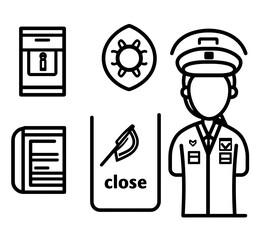 Fototapete - Airport Security Iconography: A set of minimalist line icons representing airport security personnel and equipment, rendered in clean vector art.