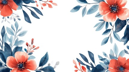 Poster - Watercolor floral frame with red and blue flowers and leaves on white background.
