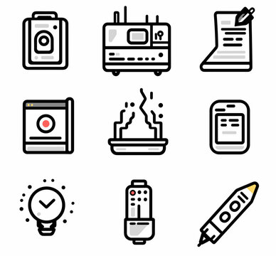 Office Equipment Icons: A collection of minimalist outline icon designs representing office equipment, stationery, and technology, crafted with clean lines and a modern aesthetic.