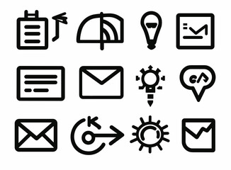 Fototapete - Monochrome Icons: A series of twelve black and white minimal icons representing diverse business and creative functions on seamless white backdrop.