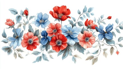 Poster - Watercolor painting of red and blue flowers with green leaves on white background.