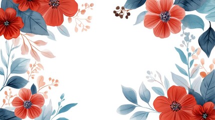 Poster - Watercolor floral frame with red and blue flowers, leaves, and branches on white background.
