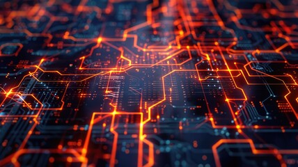 Fototapete - Abstract picture particle in complex circuit with digital technology style design and the electric light graphic show dynamic movement represent processor of chip algorithm process on computer. AIG53.