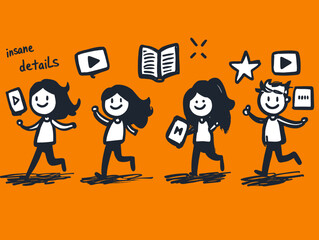 Poster - Joyful Doodle Characters: Four energetic doodle characters celebrate, each holding different media icons, radiating joy and enthusiasm.