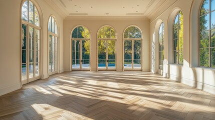 Poster - Sunlit empty room with hardwood floors, arched windows, and pool view.