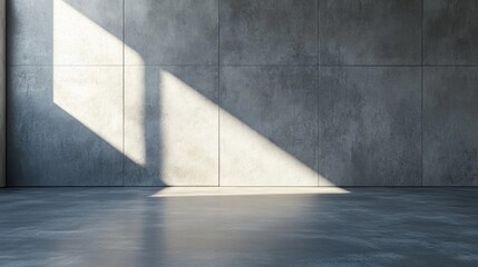 Poster - A serene interior space featuring a textured concrete wall, illuminated by natural light casting dynamic shadows. Perfect for minimalistic design projects.