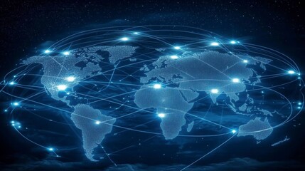 Leinwandbilder - Global network connection, illuminated world map with glowing nodes and lines representing digital links and communication.