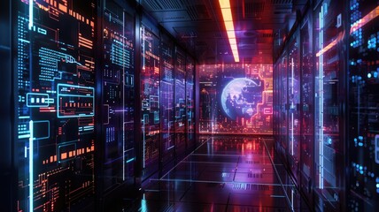 Fototapete - Abstract digital shape or line of technological cyber style particle design connect in surreal electric style shape designing. High tech scene express mysterious pattern perfect for wallpaper. AIG53.