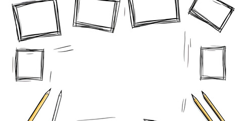 Poster - Hand drawn sketch style pencil frame border with scribble rectangle shapes and simple doodle brush stroke vector illustration for design background or text