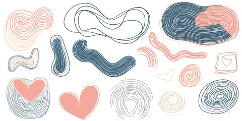 Poster - Abstract hand drawn swirl and line shapes set with heart and love elements in soft pastel colors for decorative minimalist vector design collection