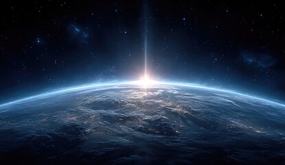 Poster - Futuristic Cityscape View From Space With Bright Light Rising Above The Horizon