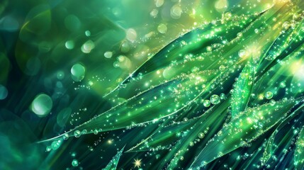 Aufkleber - Sparkling green abstract background with water droplets and bokeh effect.