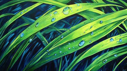 Poster - Vibrant green grass blades with dew drops, close-up.