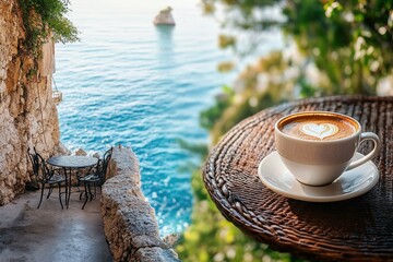 Wall Mural - Enjoying coffee on the coastal terrace with scenic sea views, A cup of coffee on different tables: by the sea and on the terrace of a house