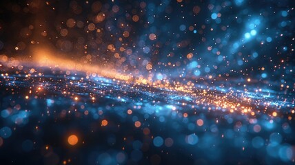 Fototapete - Abstract picture micro light sparkling particle represent data flow vivid flowing wave with high tech background, create digital effect scene perfect for energetic and fantasy wallpaper design. AIG53.