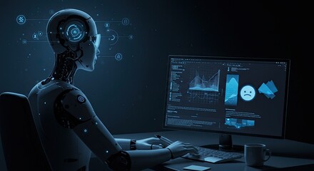Poster - Futuristic robot working on a computer with data analysis and sad face emoji display