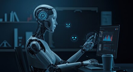 Poster - Futuristic robot working on a computer with mood indicators in a modern office setting
