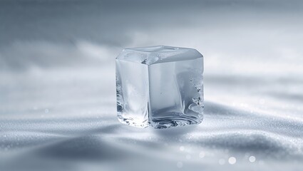 Poster - Clear ice cube rests on soft snow, reflecting light in a calm winter setting