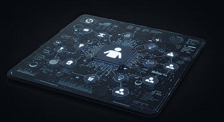 Poster - Futuristic technology concept showing a central processing unit with connected icons on a screen