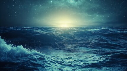 Poster - dramatic ocean waves at night under a starry sky with a subtle sunrise.