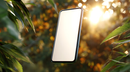 Poster - Smartphone's window to nature: A sleek, modern smartphone, with a blank screen. showcases the potential of modern technology against a backdrop of lush greenery and the sun.