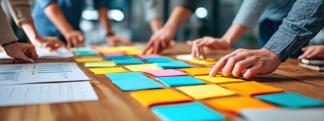 Poster - People collaborating around a table, organizing colorful sticky notes and documents during a planning or brainstorming session.