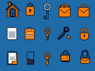 Fototapete - Security and Real Estate Icons: A collection of vibrant, flat-design icons representing key concepts in real estate and security, including houses, keys, locks, documents, and envelopes.