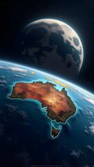 Wall Mural - Australia is prominently highlighted with a glowing outline against the backdrop of space, while a distant view of the moon hovers over the horizon. 