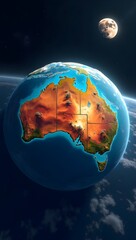 Wall Mural - A digitally rendered Earth features a close-up of Australia, highlighted with vivid colors and topographical details. In the background, the moon is visible in the vastness of space.