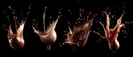 Poster - Chocolate Splashes in Dynamic Motion Studio Shot on Black Background Showcasing Liquid Sweetness and Deliciousness