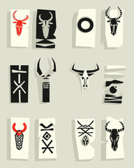 Poster - Abstract Tribal Art: A striking composition of geometric shapes and stylized animal motifs, evoking the spirit of ancient tribal art in a minimalist and thought-provoking arrangement.