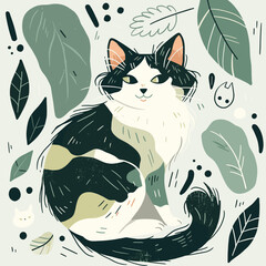Poster - Artistic Cat amidst botanical leaves: A charming depiction of a whimsical feline nestled amidst stylized botanical leaves and shapes. A cute illustration with a light and refreshing color palette.