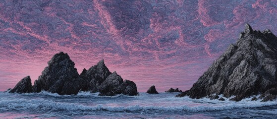 Wall Mural - Dramatic Seascape Painting of Rocky Islands at Sunset with Pink Clouds and Crashing Waves Landscape Art