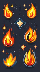 Poster - Cartoon Fire Flames and Stars Illustration on Dark Background Graphic Design Element Flat Lay