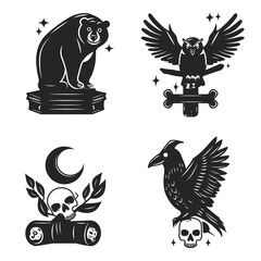 Poster - Dark Forest Creatures: A set of four elegant and haunting silhouettes of a bear, an owl, a raven, and a skull. These dark silhouettes.