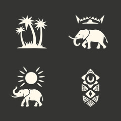 Fototapete - African Iconography: Four unique graphic illustrations in a minimalist style, showcasing the essence of the African continent. Includes palm trees, elephant with crown, elephant under sun.