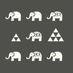 Fototapete - Abstract Elephants Graphic: A whimsical graphic showcases a collection of stylized elephant illustrations and geometric shapes, arranged in a symmetrical pattern.