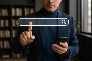 Fototapete - Close-up of a man's hand pointing at a transparent search bar on a blurred library background, concept for online search, digital marketing, and website interface design