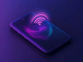 Fototapete - Smartphone displaying a dynamic neon wifi connection signal over a dark surface