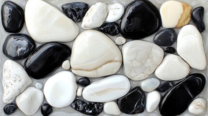 Poster - Polished Black and White River Stone Mosaic Pattern Overhead Close Up in Studio Setting for Interior Design and Spa Decor