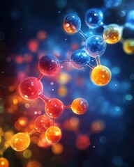Poster - Abstract molecule structure illustration with vibrant colors and blurred background for science and technology concepts
