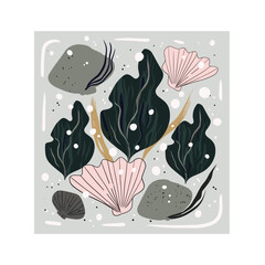 Poster - Underwater Wonders: An illustration of an aquatic ecosystem features delicate seashells, swaying seaweed, and rounded rocks. A serene underwater scene.