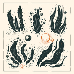 Poster - Oceanic Flora: An artistic rendering showcases a collection of seaweed in a captivating illustration, highlighting their unique forms and textures. Bubbles float gracefully.