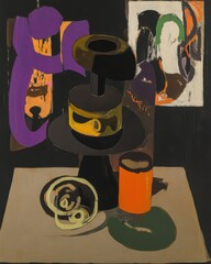 Poster - Abstract Still Life Painting with Geometric Shapes and Bold Colors in Studio Setting Artistic Composition