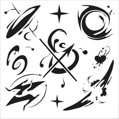 Fototapete - Black Abstract Art: The striking black artwork on a white background, a collection of unique shapes, swirls, and directional elements. A creative visual that embodies innovation and versatility.