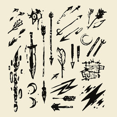 Fototapete - Hand-drawn elements: Intricate collection of hand-drawn elements, featuring arrows, swords, and various unique symbols, creating a captivating visual narrative.