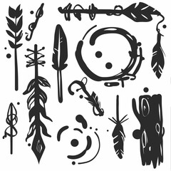 Fototapete - Boho Design Elements: An artistic collection of hand-drawn boho design elements, showcasing feathers, arrows, and tribal patterns in a rustic, earthy aesthetic.