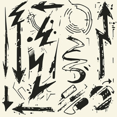 Poster - Dynamic Arrows and Graphic Elements: A collection of bold, textured arrows and graphic elements in a dynamic black and beige color palette, perfect for adding a raw.