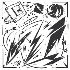 Fototapete - Artistic Explosion Composition: An artistic composition explodes with energy, utilizing stark black and white illustrations of abstract elements and dynamic lines. Capturing an innovative.