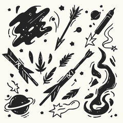Fototapete - Creative Cosmic Elements: A hand-drawn illustration featuring a celestial arrangement, including arrows, stars, and organic shapes.  Embrace the art of cosmic elements.